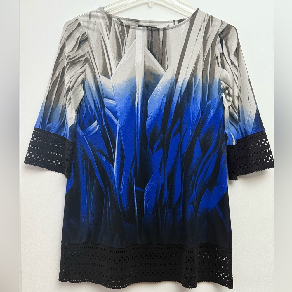 Alfani Blue, Black and Gray Graphic Mini Dress with Relaxed Tunic Style